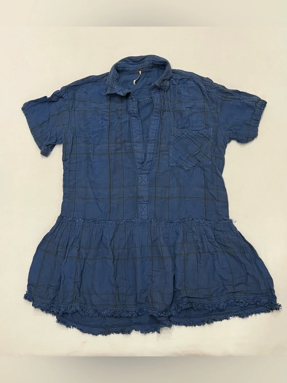 Free People Love Buzz Boho Mini Dress Sz Small Drop Waist Blue Plaid Oversized